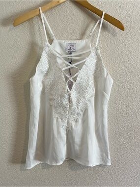 KOKO + MASON White Cherish Love Lace Satin Camisole Tank Top Spaghetti Strap